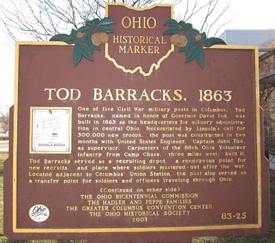 Tod Barracks historic marker outside the Columbus Convention Center — the barracks stood on nine acres near today's intersection of High and Goodale Streets