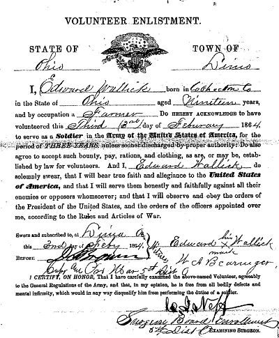 Enlistment document for Edward Wallick, dated February 3, 1864 — in lieu of his signature he made his mark, witnessed by W. A. Bearinger