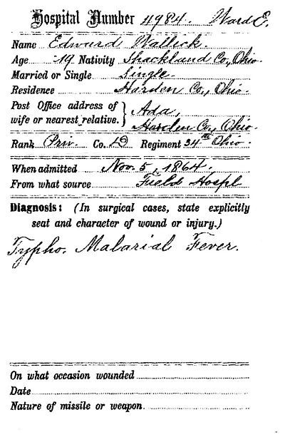Hospital record listing Edward Wallick admitted to Clarysville Hospital with camp fever — his birthplace is listed as 'Shackland County, Ohio', an obvious misspelling of Coshocton County