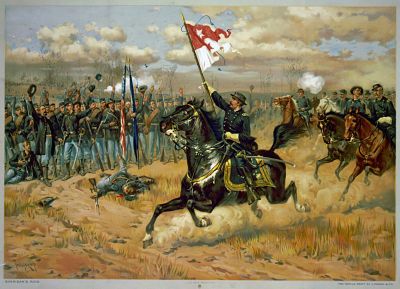 Artist Louis Prang's depiction of General Sheridan rallying his troops at the Battle of Cedar Creek — Thomas Buchanan Read's poem 'Sheridan's Ride' immortalized the event