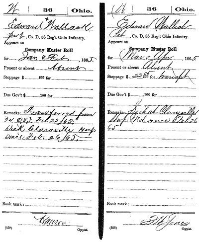 Two records showing that Edward Wallick was transferred from the 34th Ohio to the 36th Ohio — notice the two spellings for 'Wallick' on the index cards from the National Archives