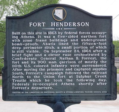 Historical marker inscription for Fort Henderson, Athens, Alabama