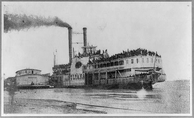 The steamboat Sultana, photographed less than 24 hours before she exploded on the Mississippi River — her decks visibly overcrowded with passengers