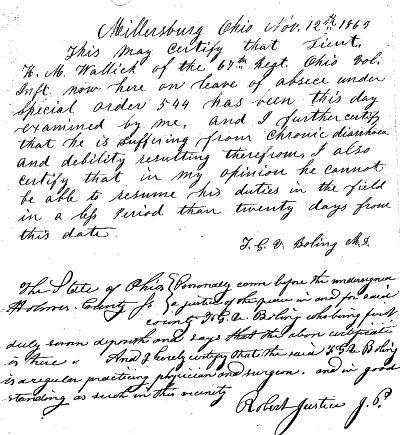 Certificate of Examination by Dr. T.G.V. Boling, Millersburg, Ohio, November 12, 1863 — stating Henry is suffering from chronic diarrhea and cannot resume duties for at least twenty days