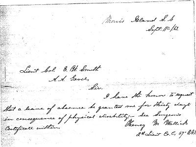 Handwritten note by Henry Wallick dated September 11, 1863, requesting a 30-day leave of absence due to consequences of physical disability