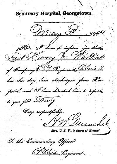 Henry's discharge certificate from Seminary Hospital, Georgetown, D.C., April 25, 1864