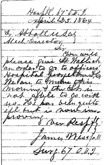 Surgeon Westfall's request that Henry be admitted to Seminary Hospital in Georgetown, D.C., April 14, 1864