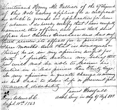 Regimental Surgeon James Westfall's letter requesting a 30-day leave of absence for Henry Wallick, stating 'a greater change is necessary in his case to save life or prevent permanent disability'