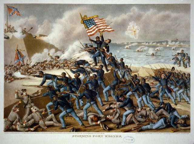 The Storming of Fort Wagner — lithograph by Kurz and Allison, depicting the famous assault led by the 54th Massachusetts Colored Troops