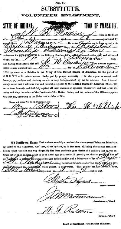 Enlistment form for Hewit Wallick as substitute soldier for Taylor A. Pensinger