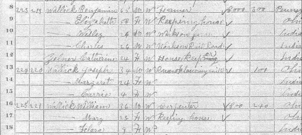 1870 United States Census showing John W. Wallick listed as 'Wesley' — third row from the top