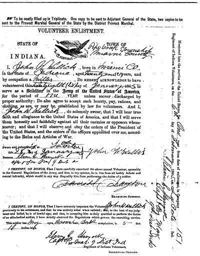 John W. Wallick's enlistment papers dated January 28, 1865 for the 151st Indiana Infantry
