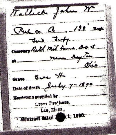 Wesley Wallick's headstone application from the Dayton National Cemetery — he is named John W. Wallick on the document in error