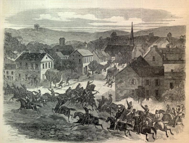 General Morgan and his raiders riding through Old Washington, Ohio — from Harper's Weekly, August 15, 1863