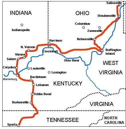 Route of General John Hunt Morgan's daring July 1863 raid through Kentucky, Indiana, and Ohio